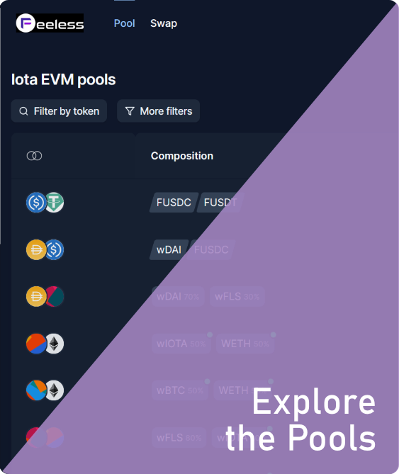 Explore the pools in Feeless Finance DEX app